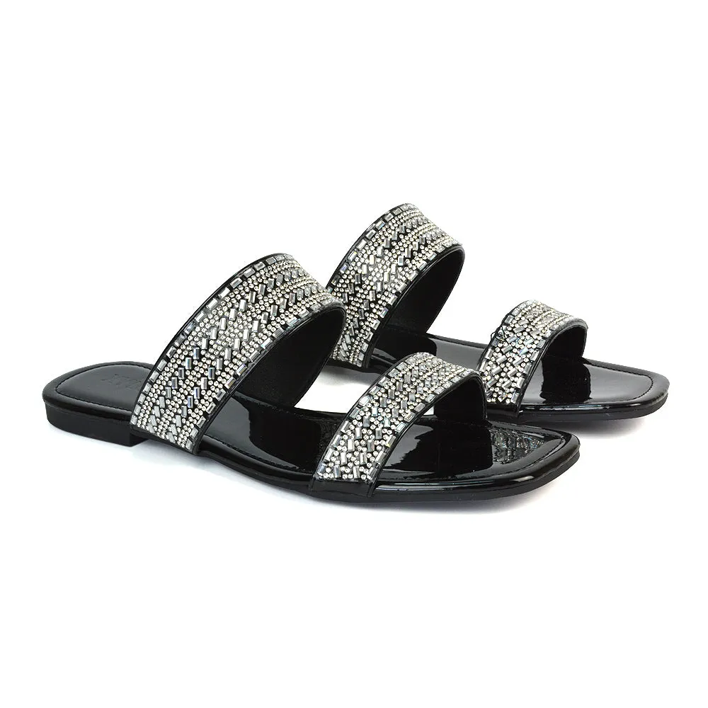 Erica Double Strap Diamante Flat Sandals Rhinestone Sliders in Black Patent