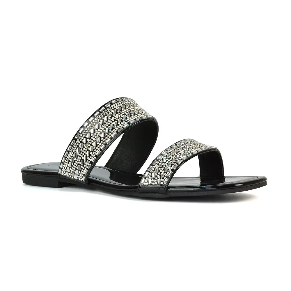 Erica Double Strap Diamante Flat Sandals Rhinestone Sliders in Black Patent