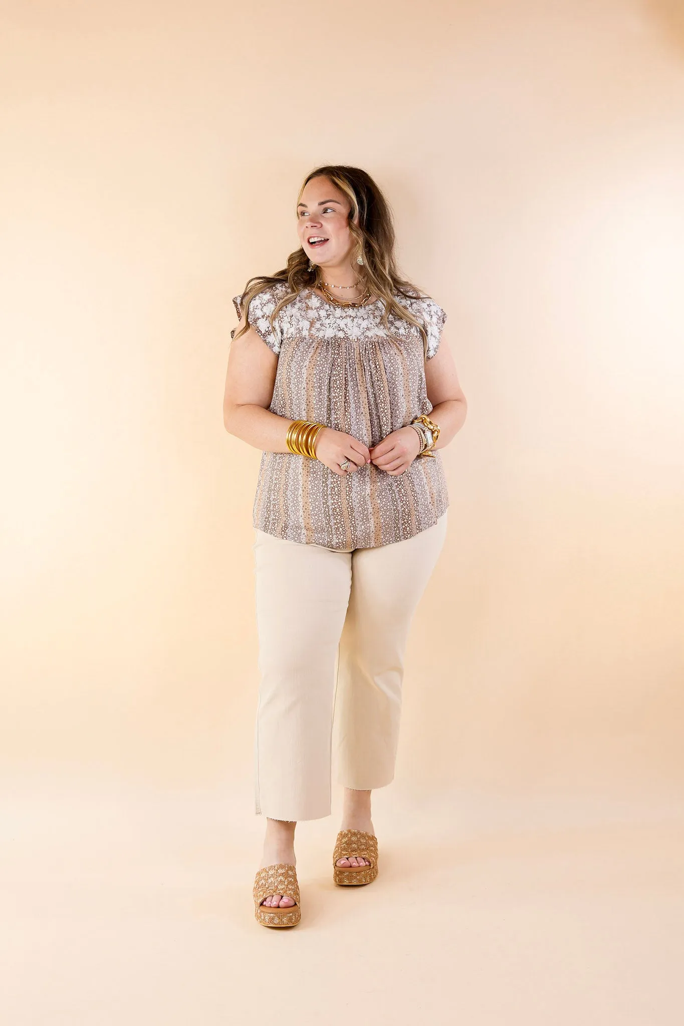 Festival Weather White Embroidered Floral Print Top with Cap Sleeves in Mocha Mix