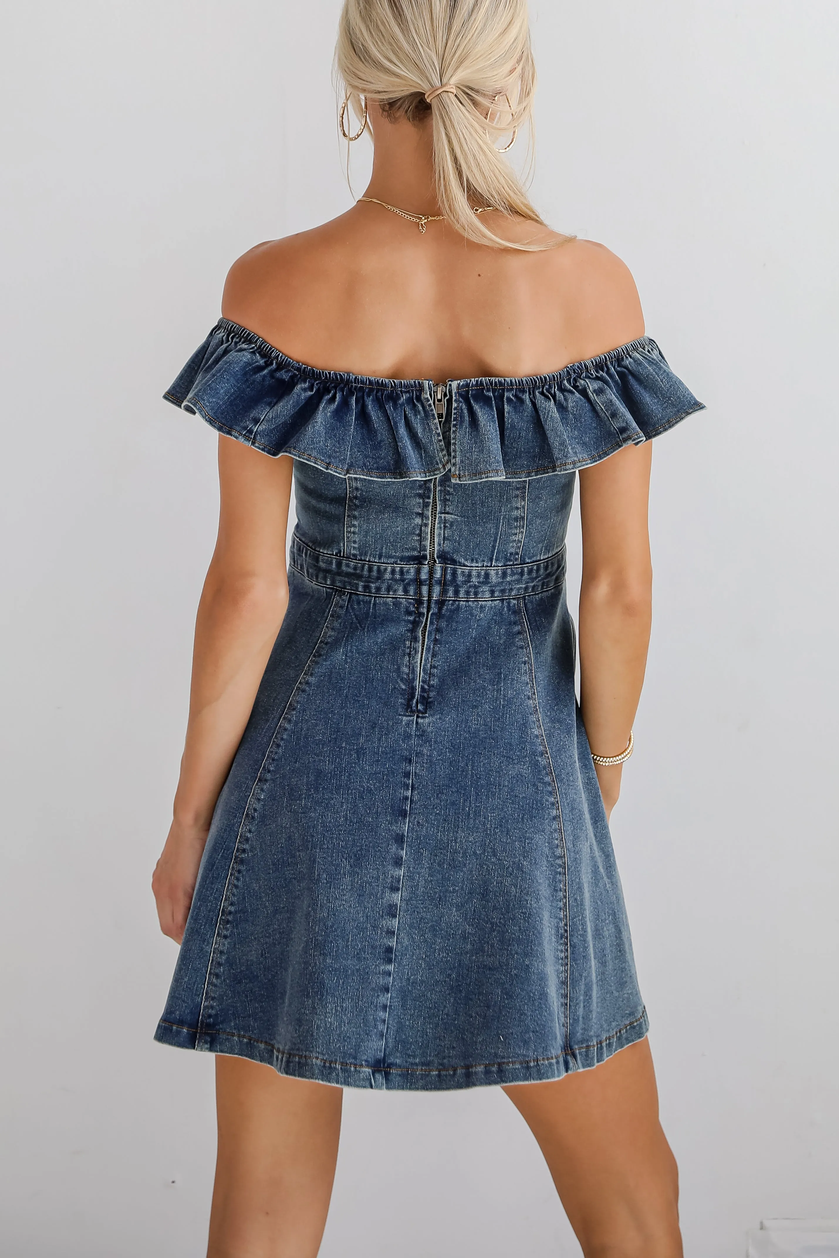 FINAL SALE - Confidently Coveted Denim Off-The-Shoulder Mini Dress