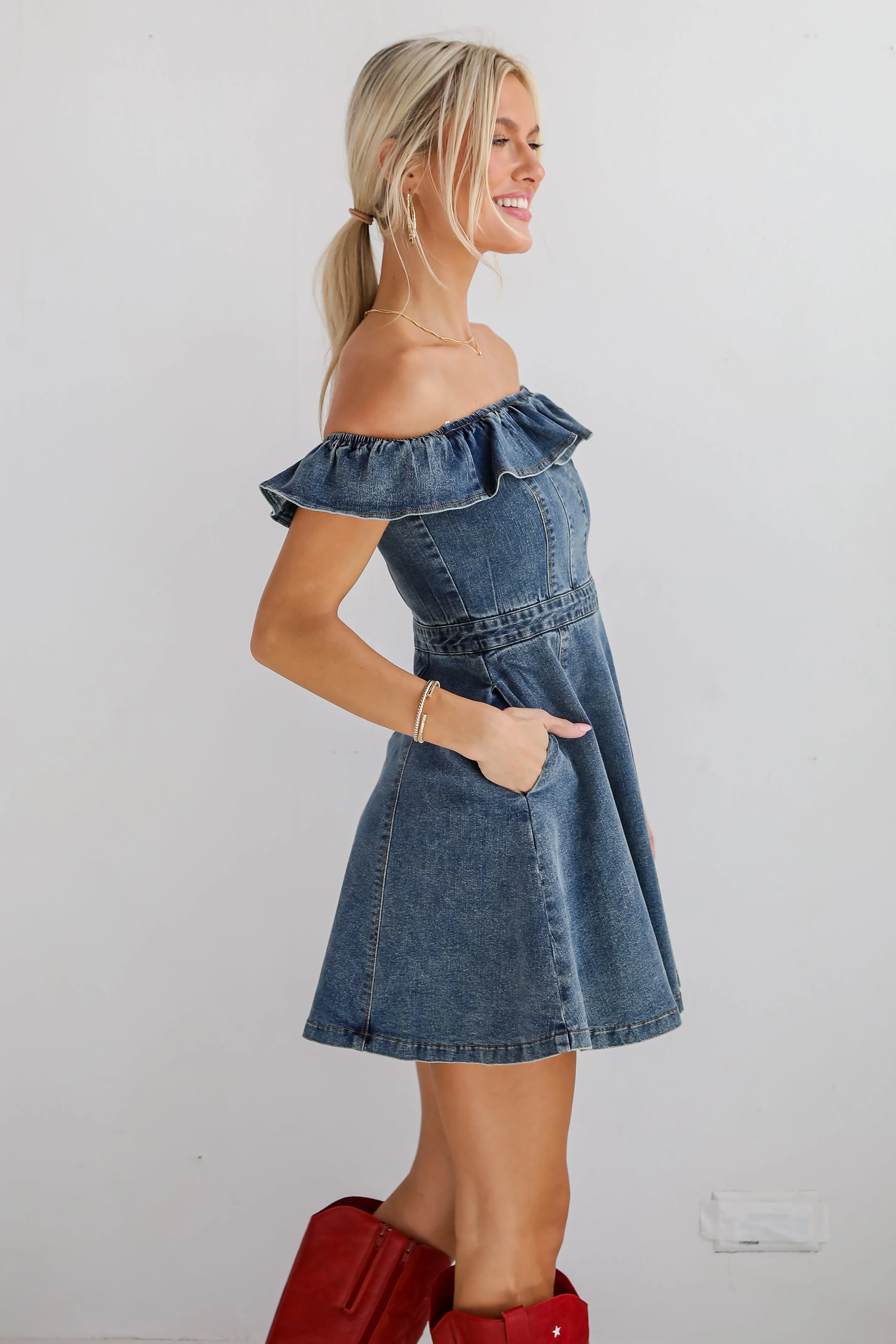 FINAL SALE - Confidently Coveted Denim Off-The-Shoulder Mini Dress