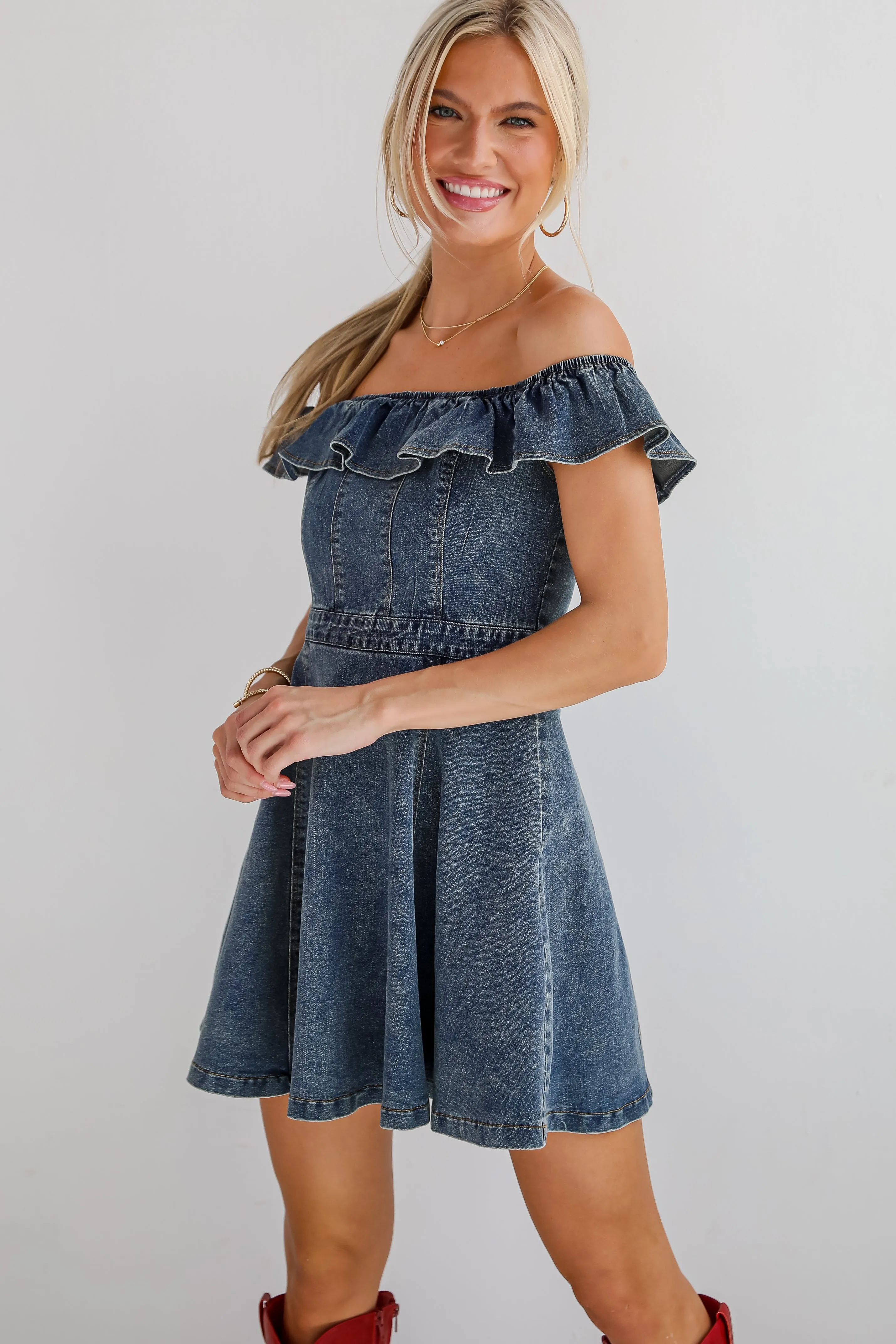 FINAL SALE - Confidently Coveted Denim Off-The-Shoulder Mini Dress