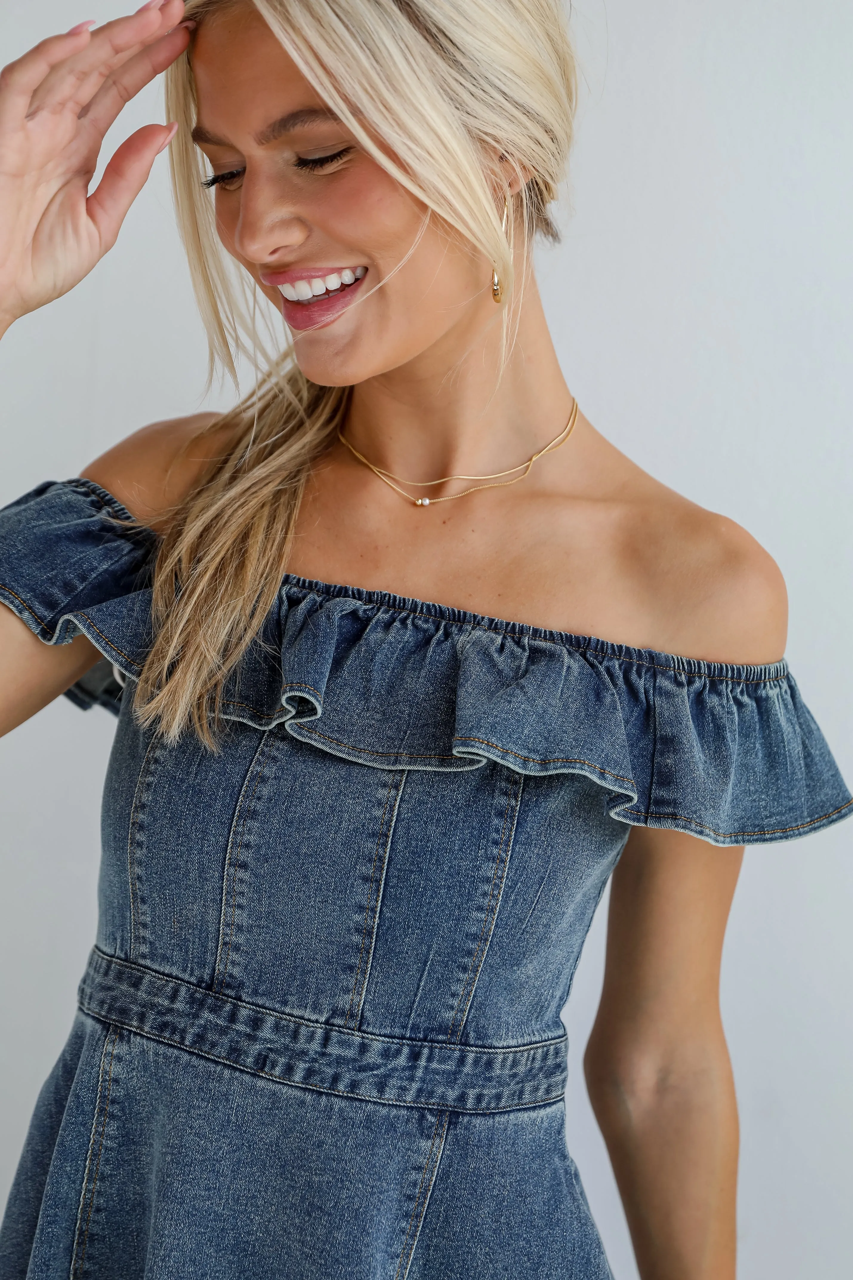 FINAL SALE - Confidently Coveted Denim Off-The-Shoulder Mini Dress