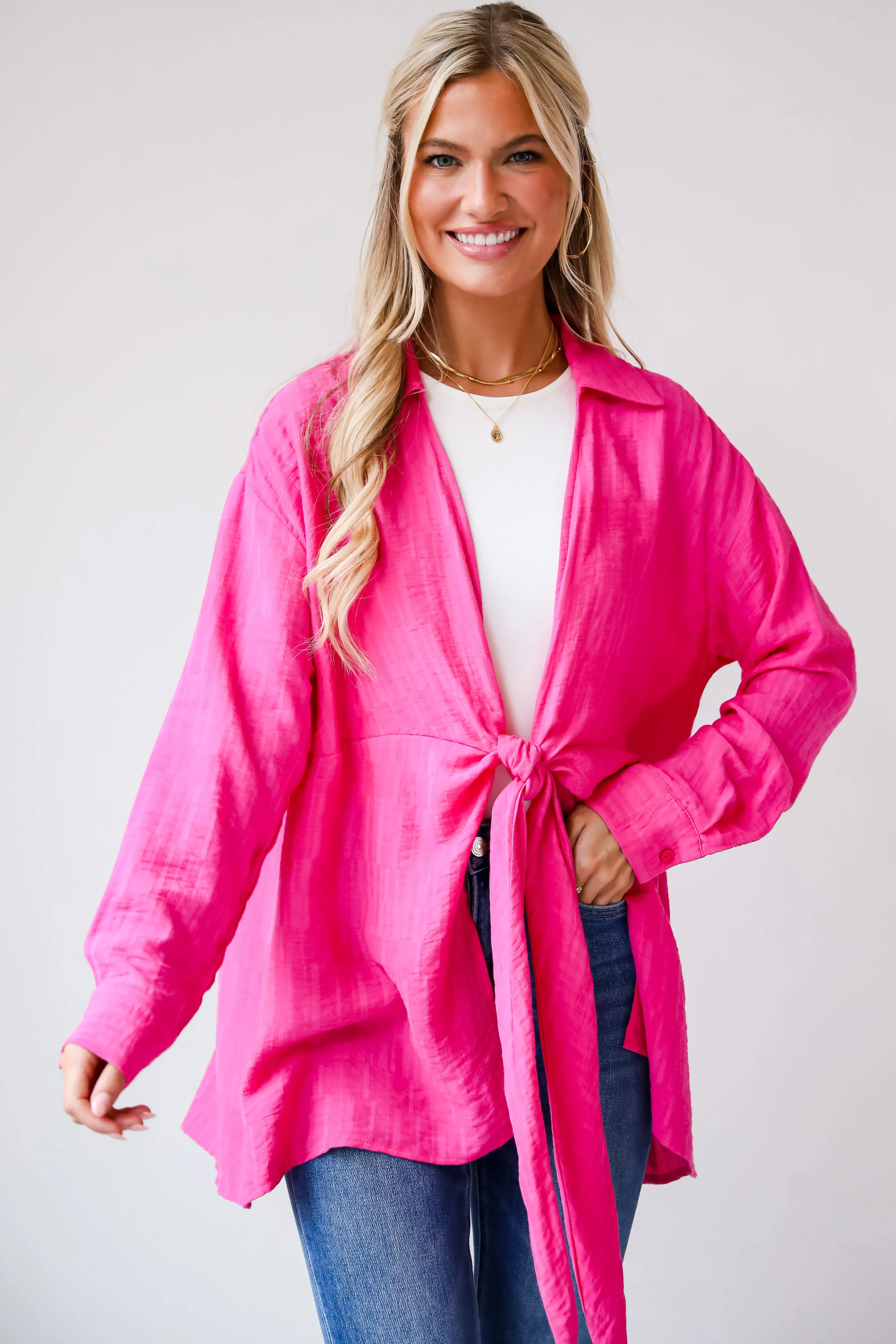 FINAL SALE - Redefined Elegance Hot Pink Tie-Front Blouse