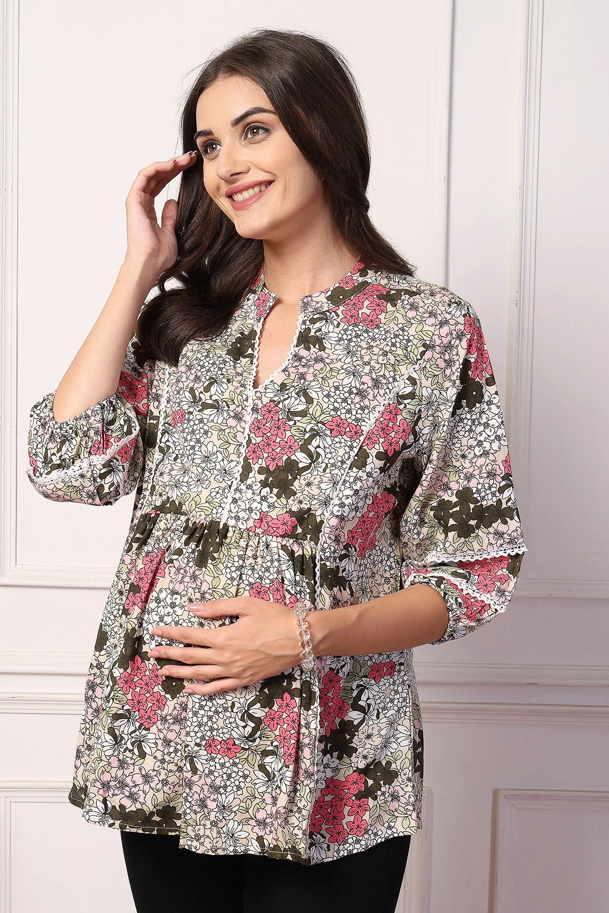 Floral Embrace Maternity Feeding Top with Zip