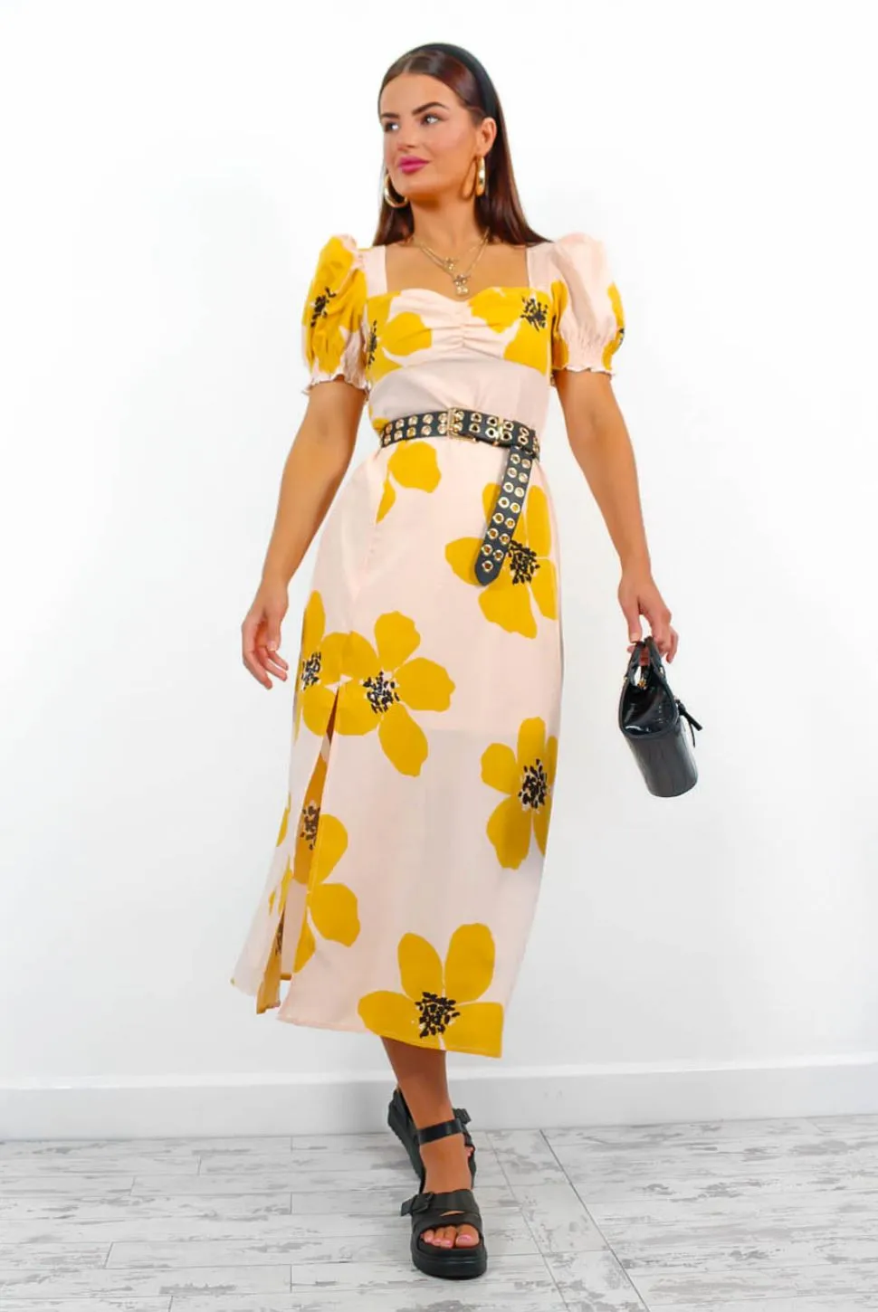 Floral Frenzy - Mustard Floral Midi Dress