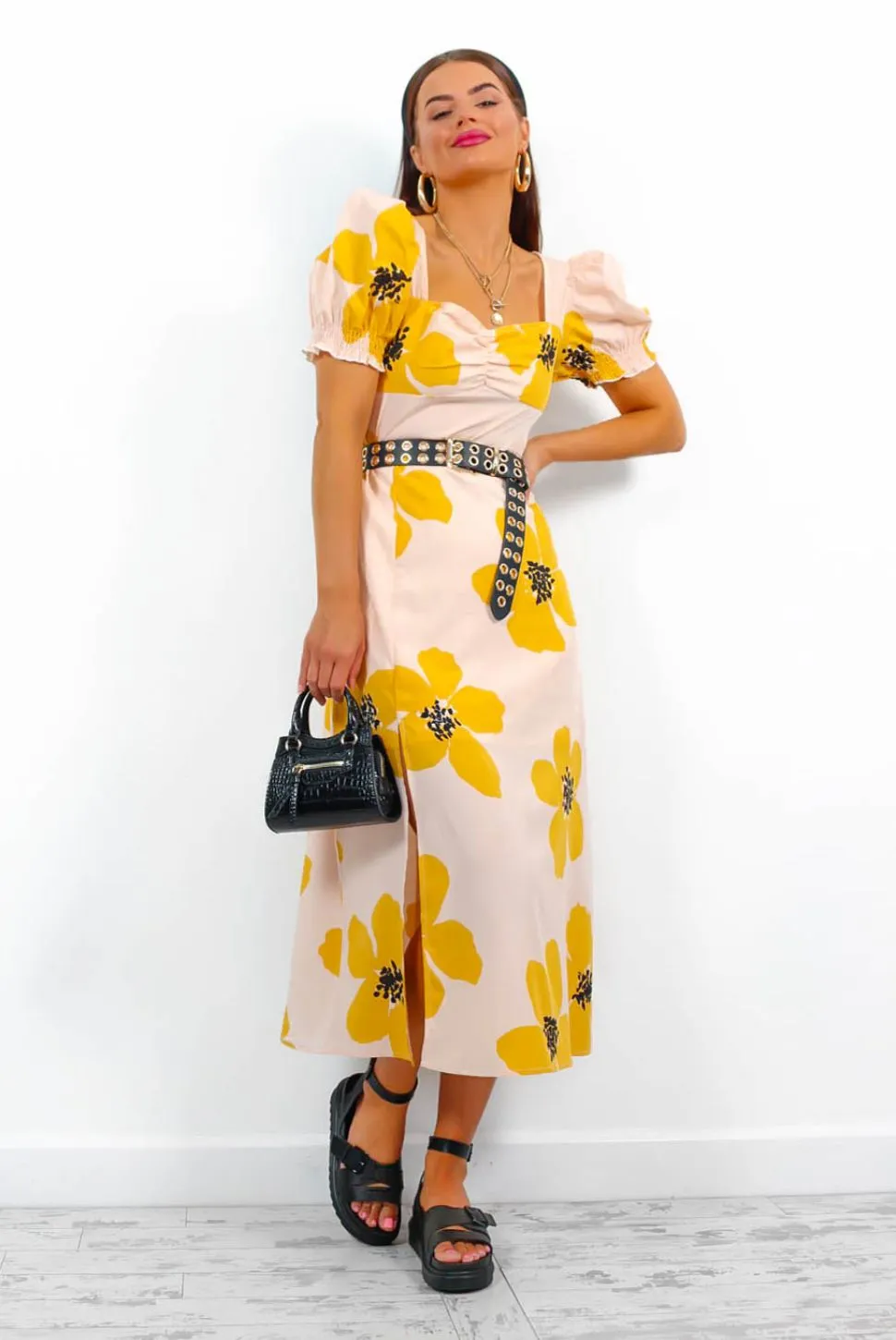 Floral Frenzy - Mustard Floral Midi Dress