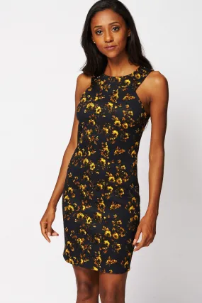 Floral Print Scuba Dress With Cutaway Neckline