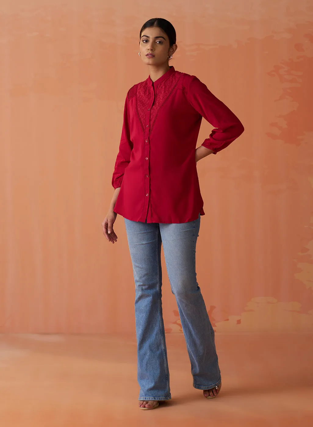 Gauhar Red Embroidered Shirt for Women