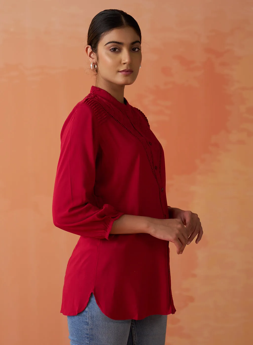 Gauhar Red Embroidered Shirt for Women