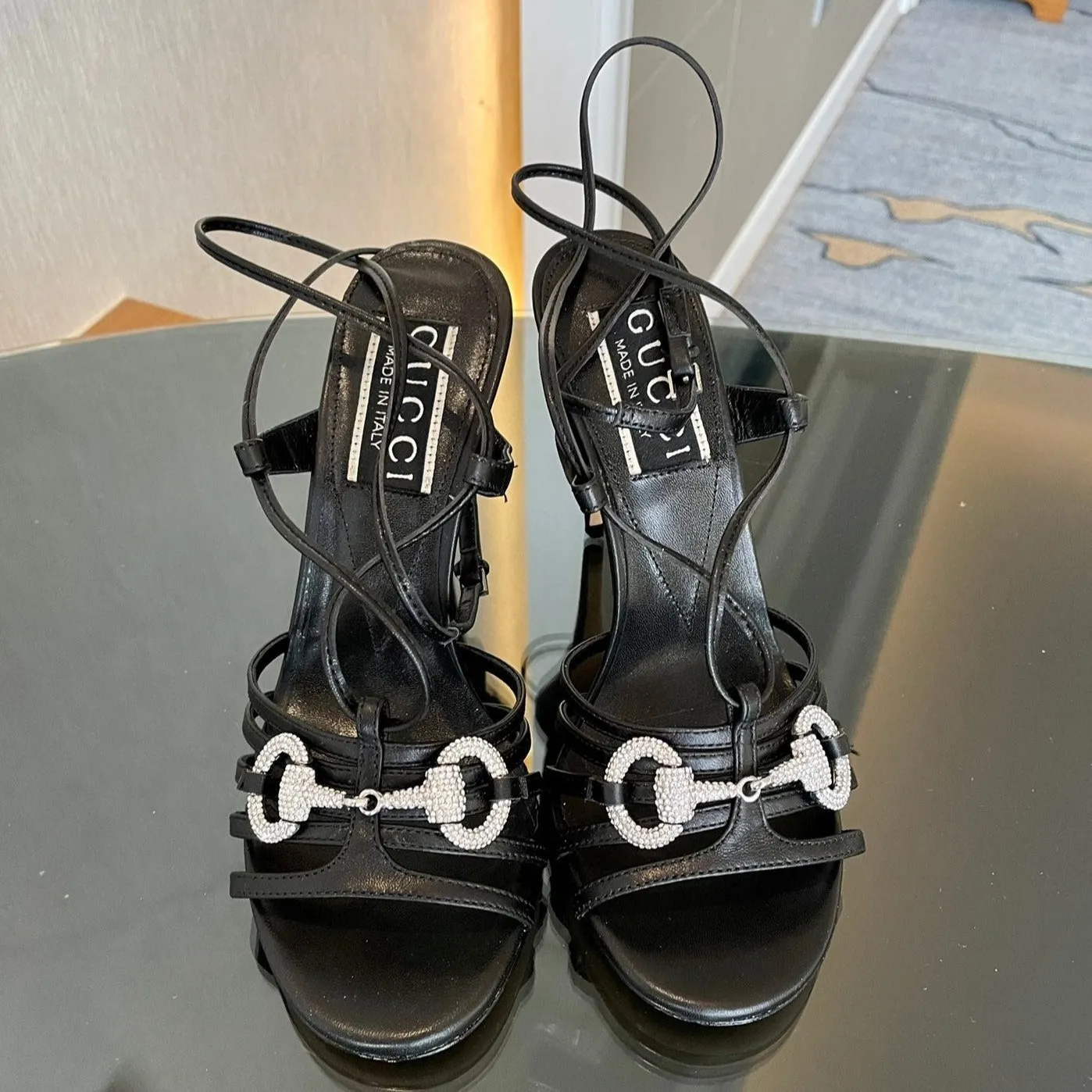 GG CRYSTAL HORSEBIT SANDAL BLACK LAMBSKIN