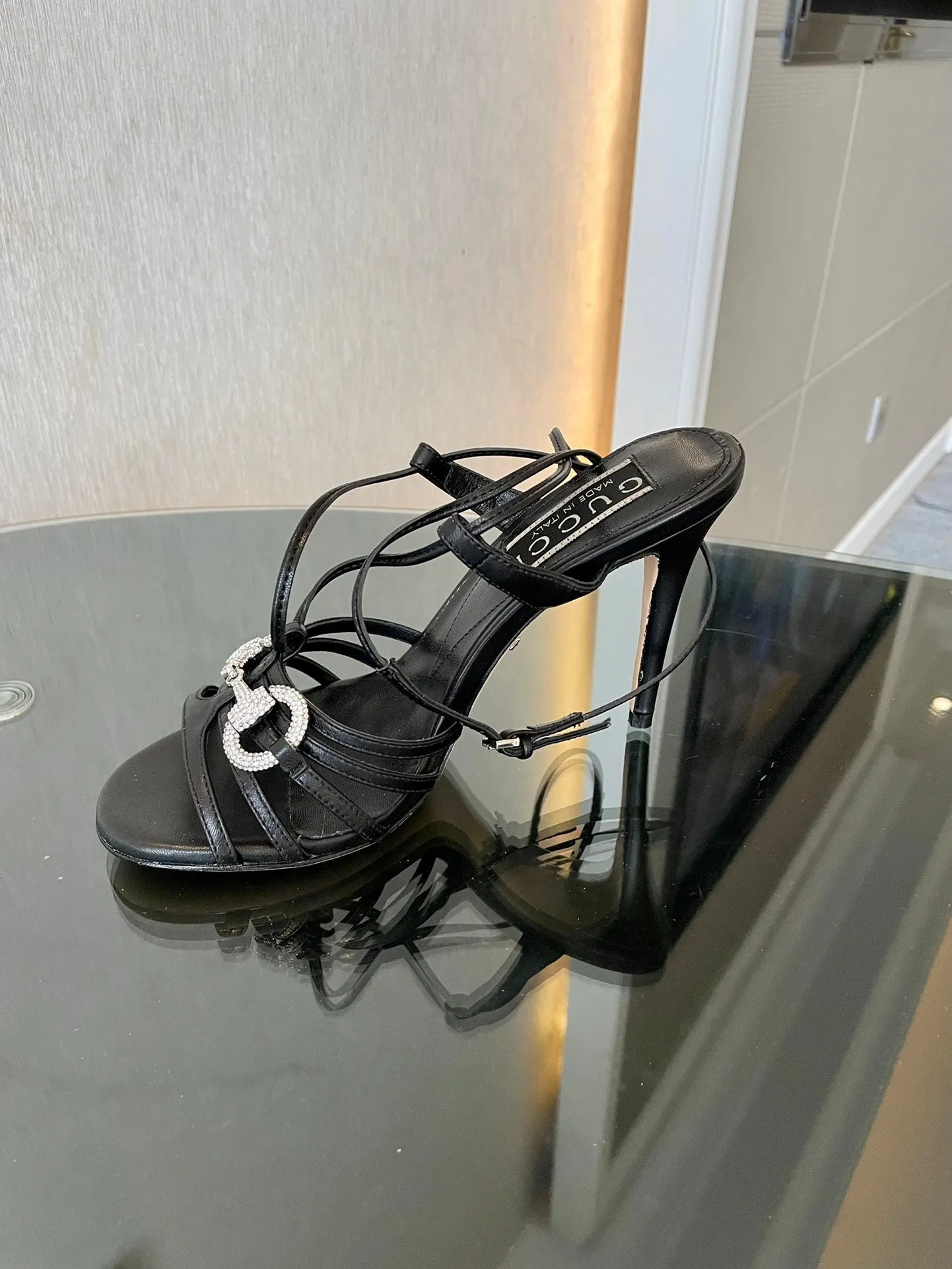 GG CRYSTAL HORSEBIT SANDAL BLACK LAMBSKIN