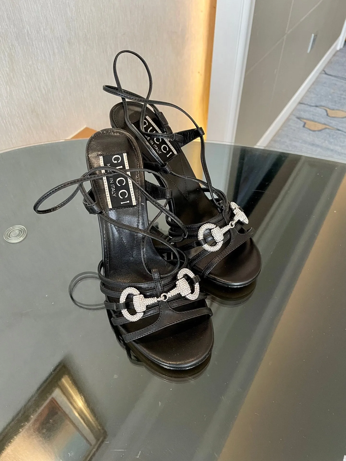 GG CRYSTAL HORSEBIT SANDAL BLACK LAMBSKIN