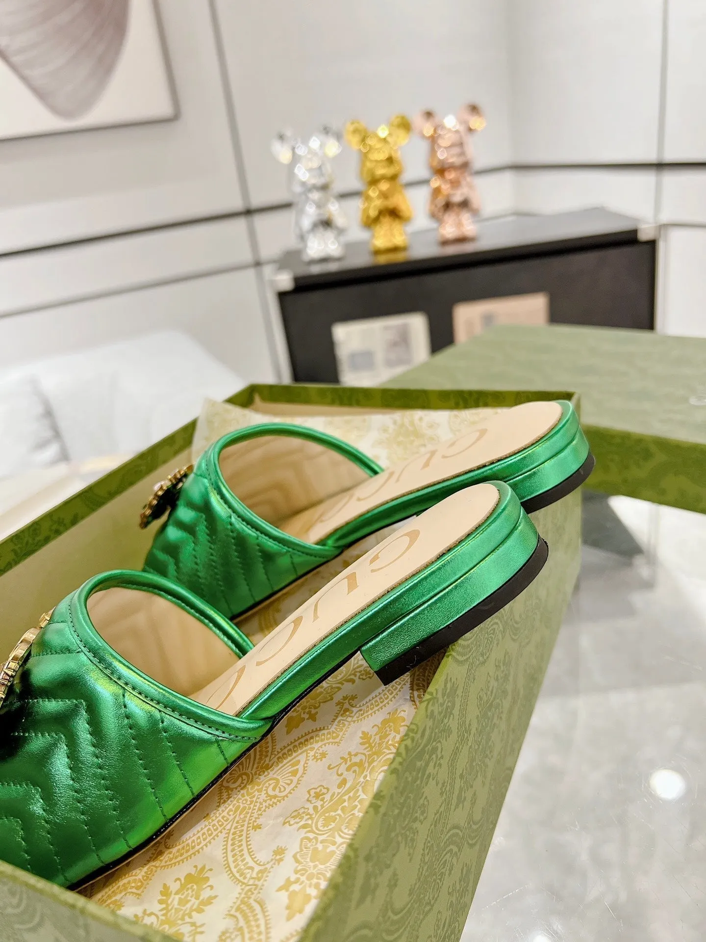 GG SPARKLE CRYSTAL SLIDE SANDAL METALLIC GREEN CALFSKIN