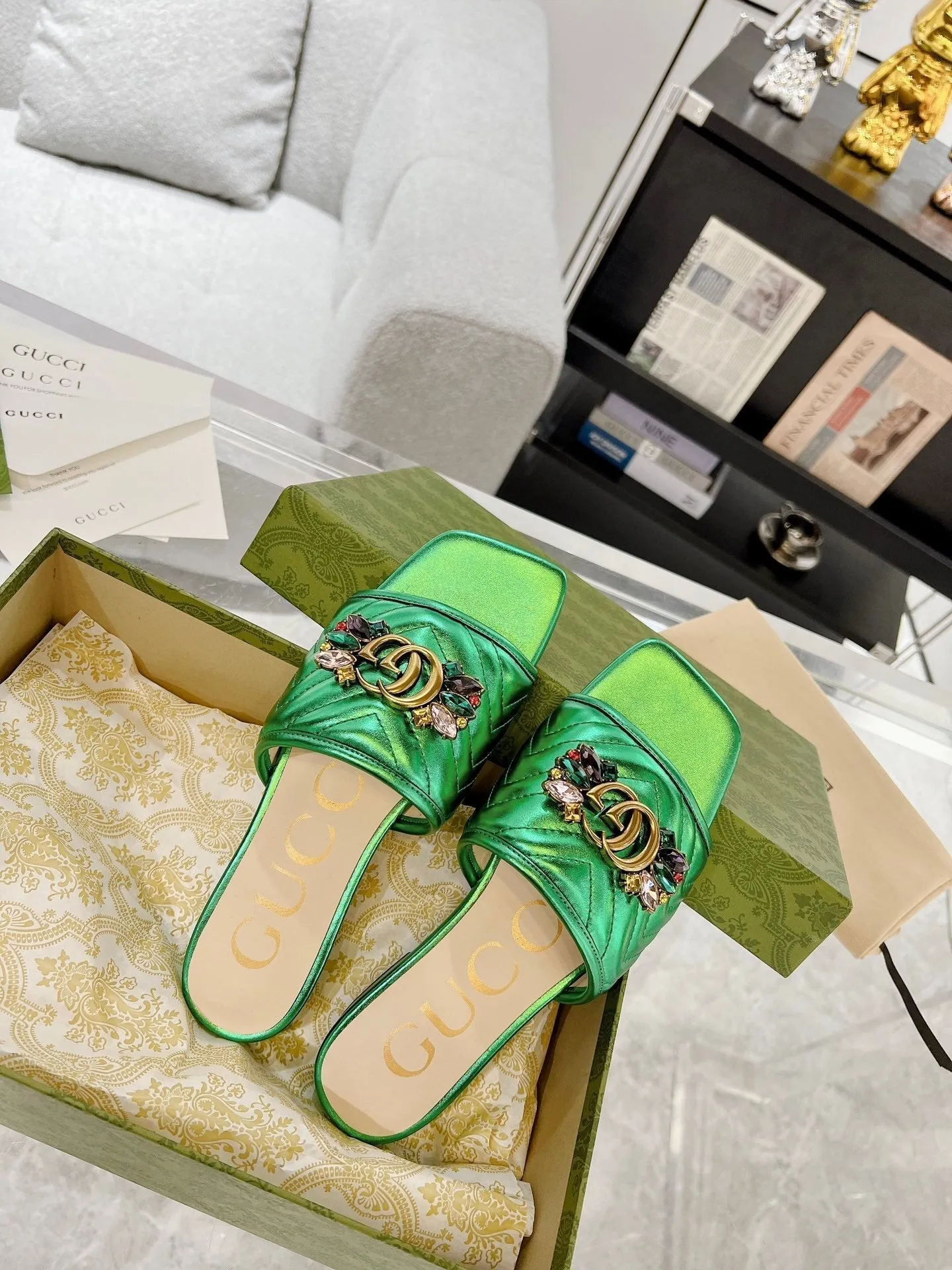 GG SPARKLE CRYSTAL SLIDE SANDAL METALLIC GREEN CALFSKIN