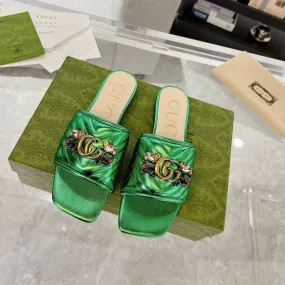 GG SPARKLE CRYSTAL SLIDE SANDAL METALLIC GREEN CALFSKIN