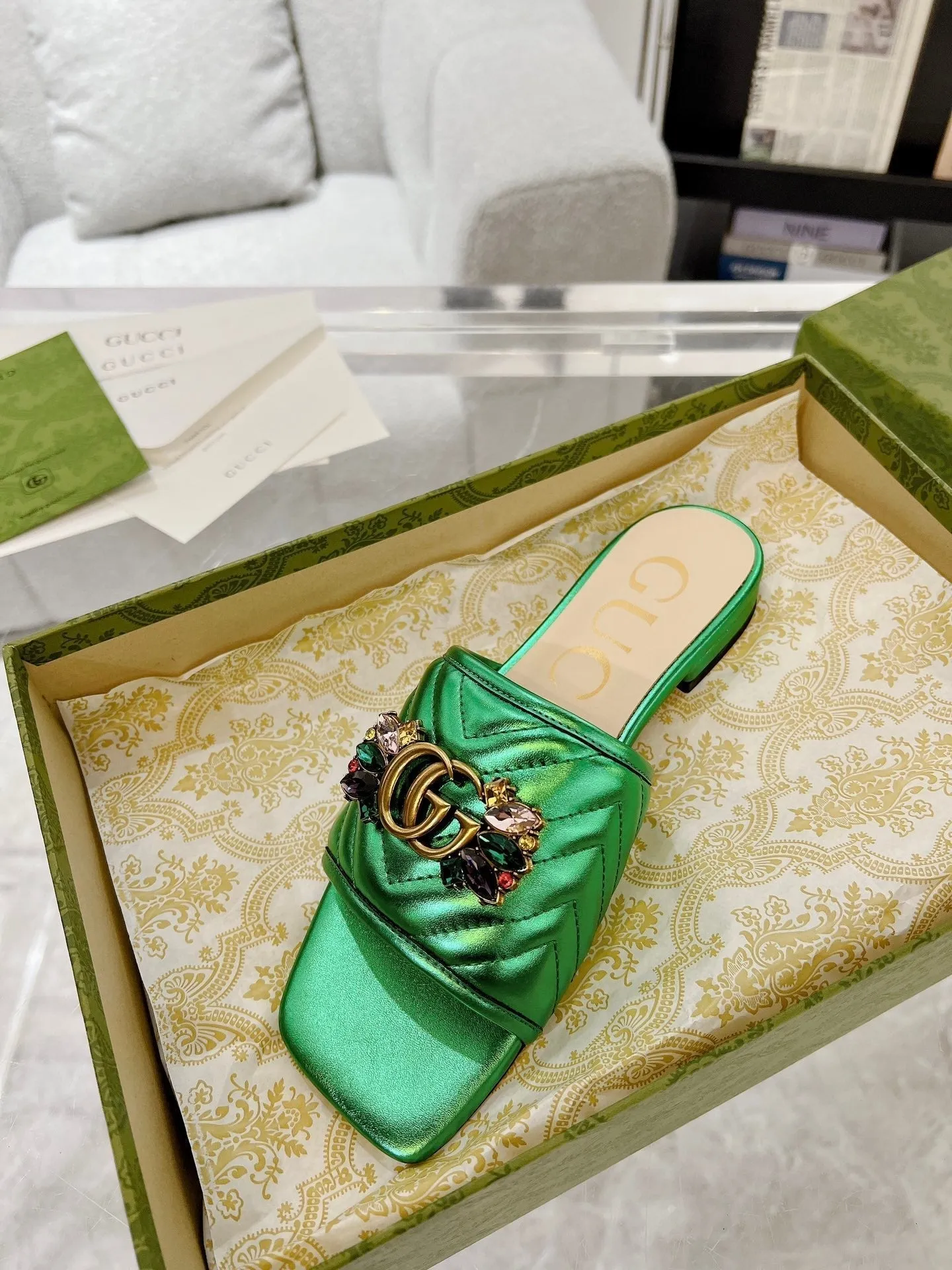 GG SPARKLE CRYSTAL SLIDE SANDAL METALLIC GREEN CALFSKIN