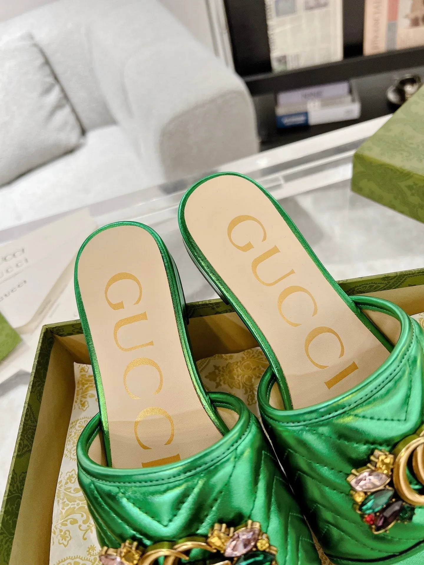 GG SPARKLE CRYSTAL SLIDE SANDAL METALLIC GREEN CALFSKIN