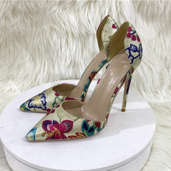 Gold Floral Print Pointed Toe Thin Heel Pumps