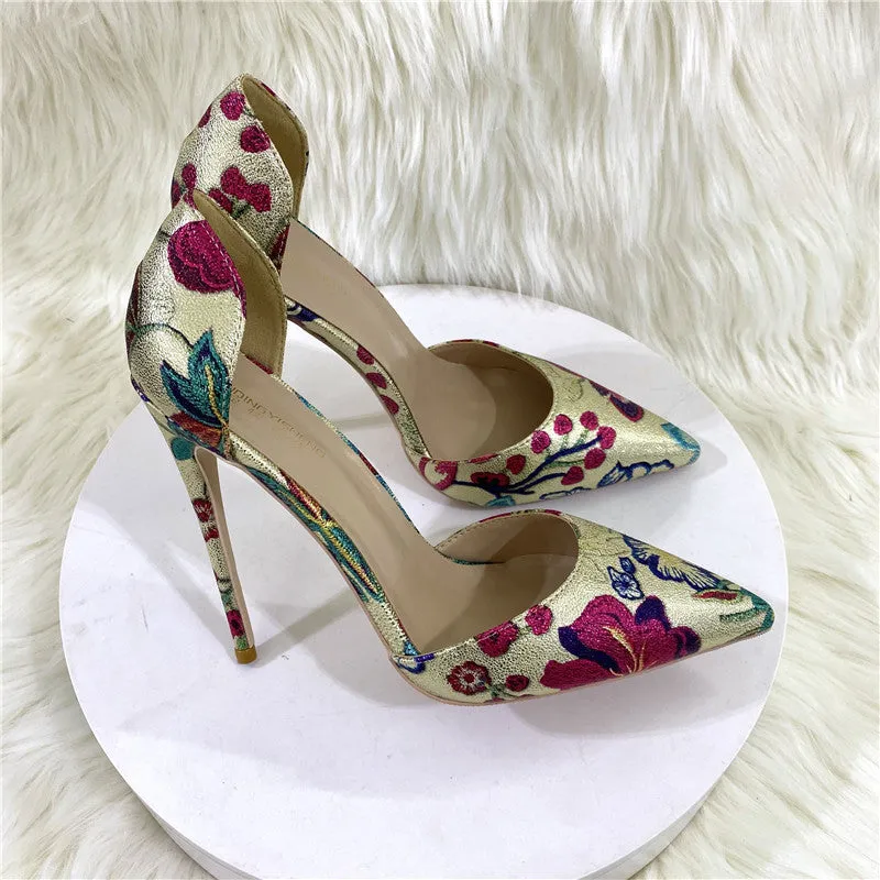 Gold Floral Print Pointed Toe Thin Heel Pumps