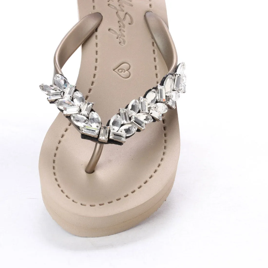 Greenwich - Crystal Rhinestone Embellished Mid Wedge Flip Flops