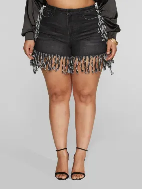 High Rise Denim Fringe Shorts