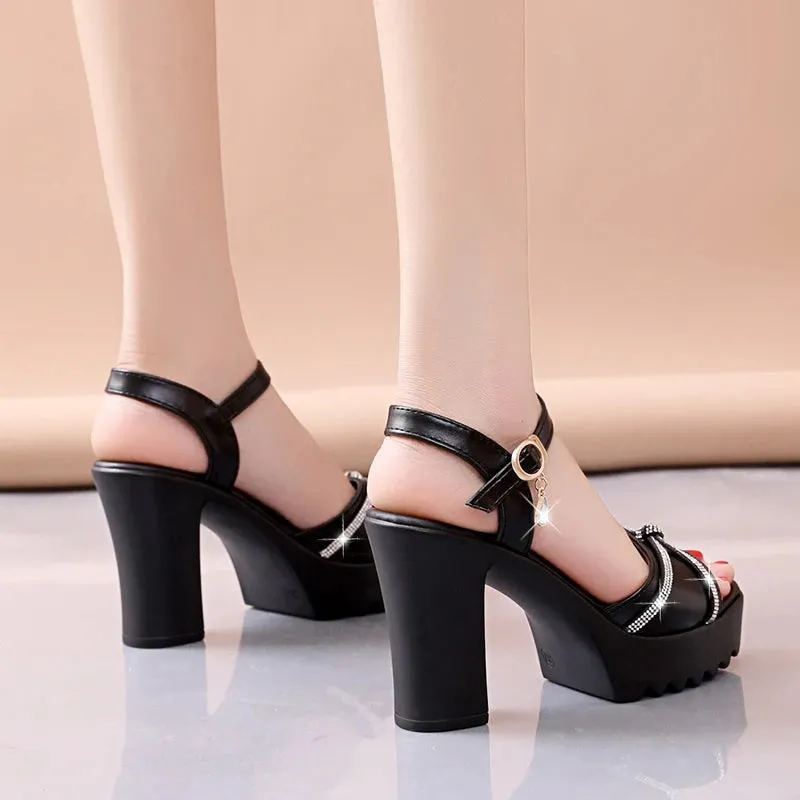 Hnzxzm New Fashion Crystal Thick High Heel Sandals for Women Summer Open Toe Ankle Strap Platform Sandals Shoes Woman Black White