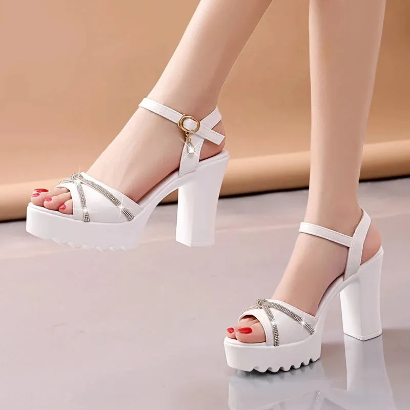 Hnzxzm New Fashion Crystal Thick High Heel Sandals for Women Summer Open Toe Ankle Strap Platform Sandals Shoes Woman Black White