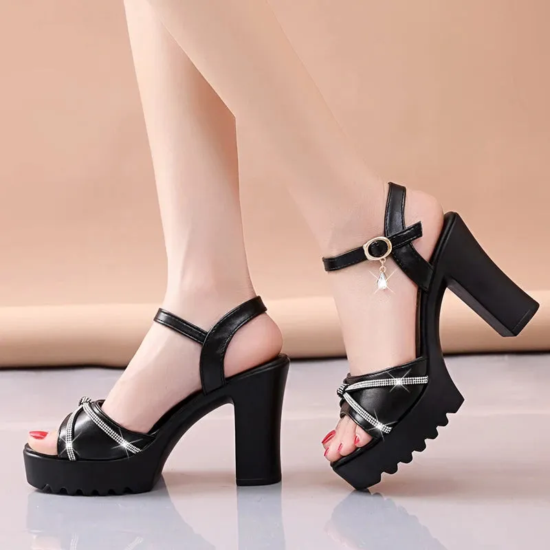 Hnzxzm New Fashion Crystal Thick High Heel Sandals for Women Summer Open Toe Ankle Strap Platform Sandals Shoes Woman Black White