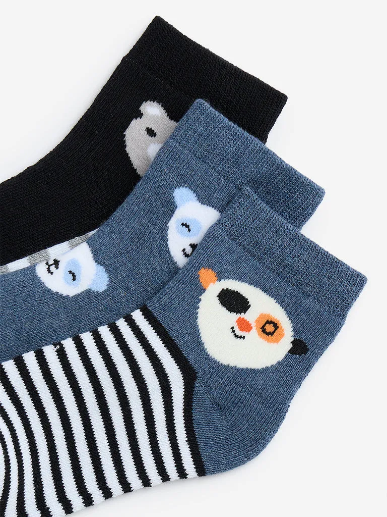 HOP Kids Black Animal Design Cotton Blend Socks - Pack of 3