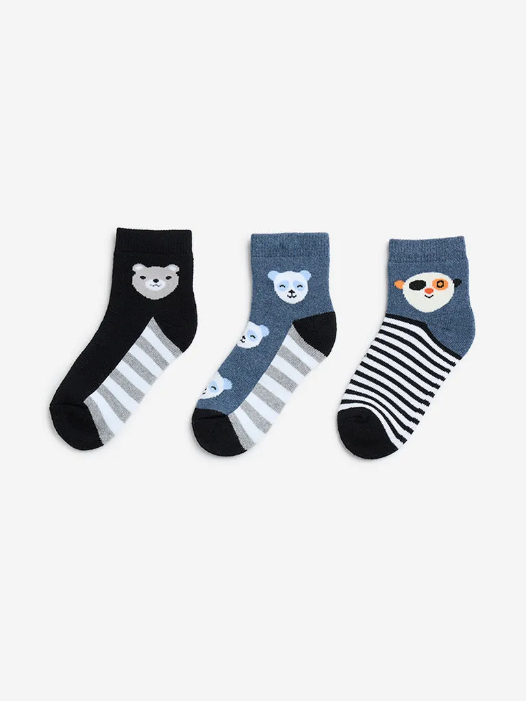 HOP Kids Black Animal Design Cotton Blend Socks - Pack of 3