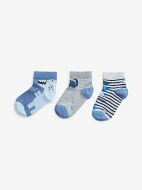 HOP Kids Blue Dinosaur Printed Socks - Pack of 3