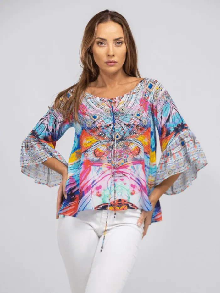 Inoa Canberra Printed Silk BOHO Top with Crystals 205