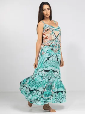 Inoa Gold Coast Printed Silk FRILL STRAP MAXI DRESS with Crystals 206