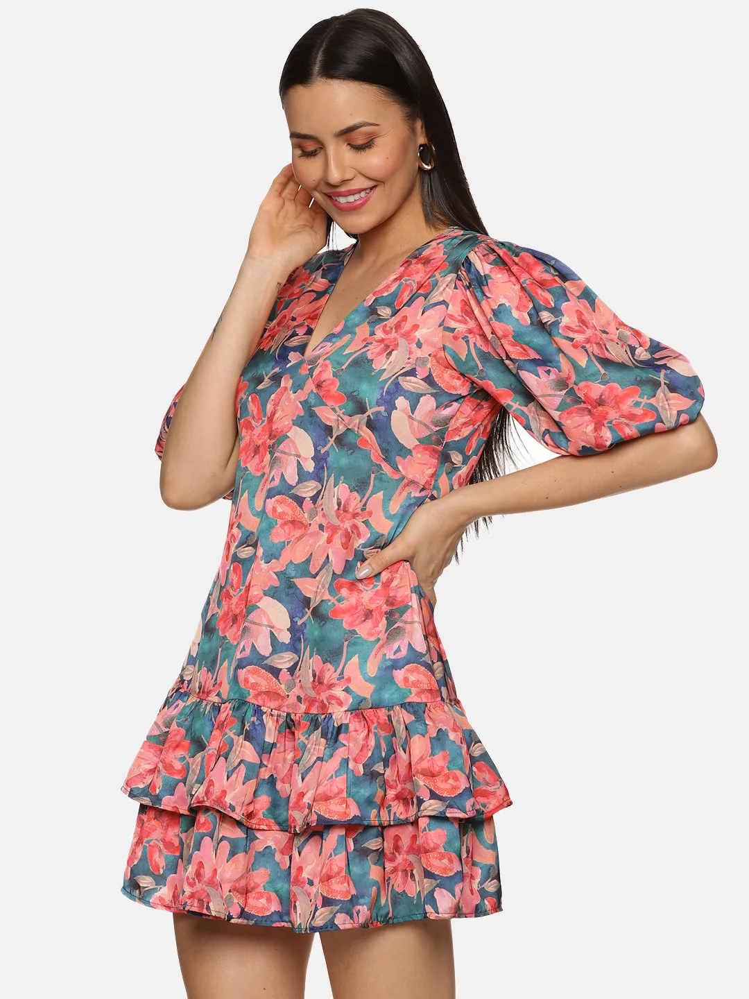 IS.U Floral Multicolor Two Tiered Ruffle Mini Dress