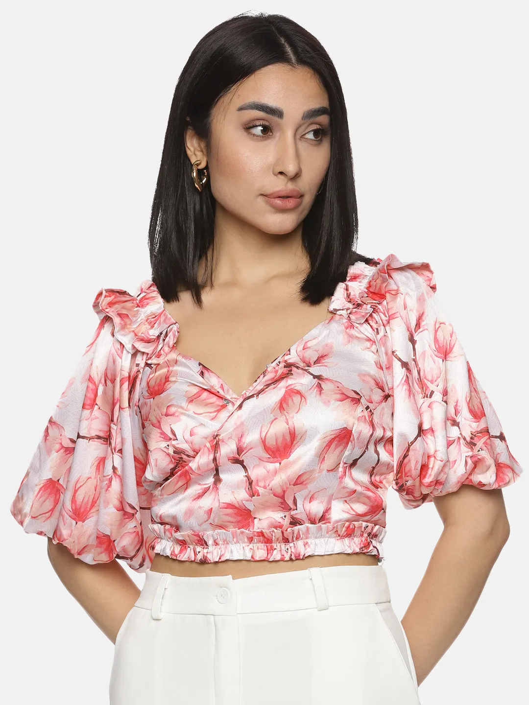 IS.U Floral Pink Wrap Crop Top