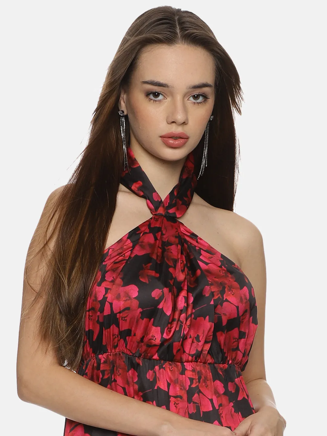 IS.U Floral Red Halter Maxi Dress