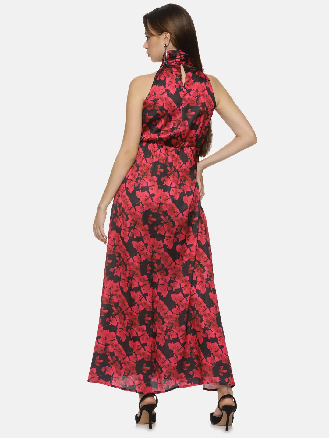 IS.U Floral Red Halter Maxi Dress