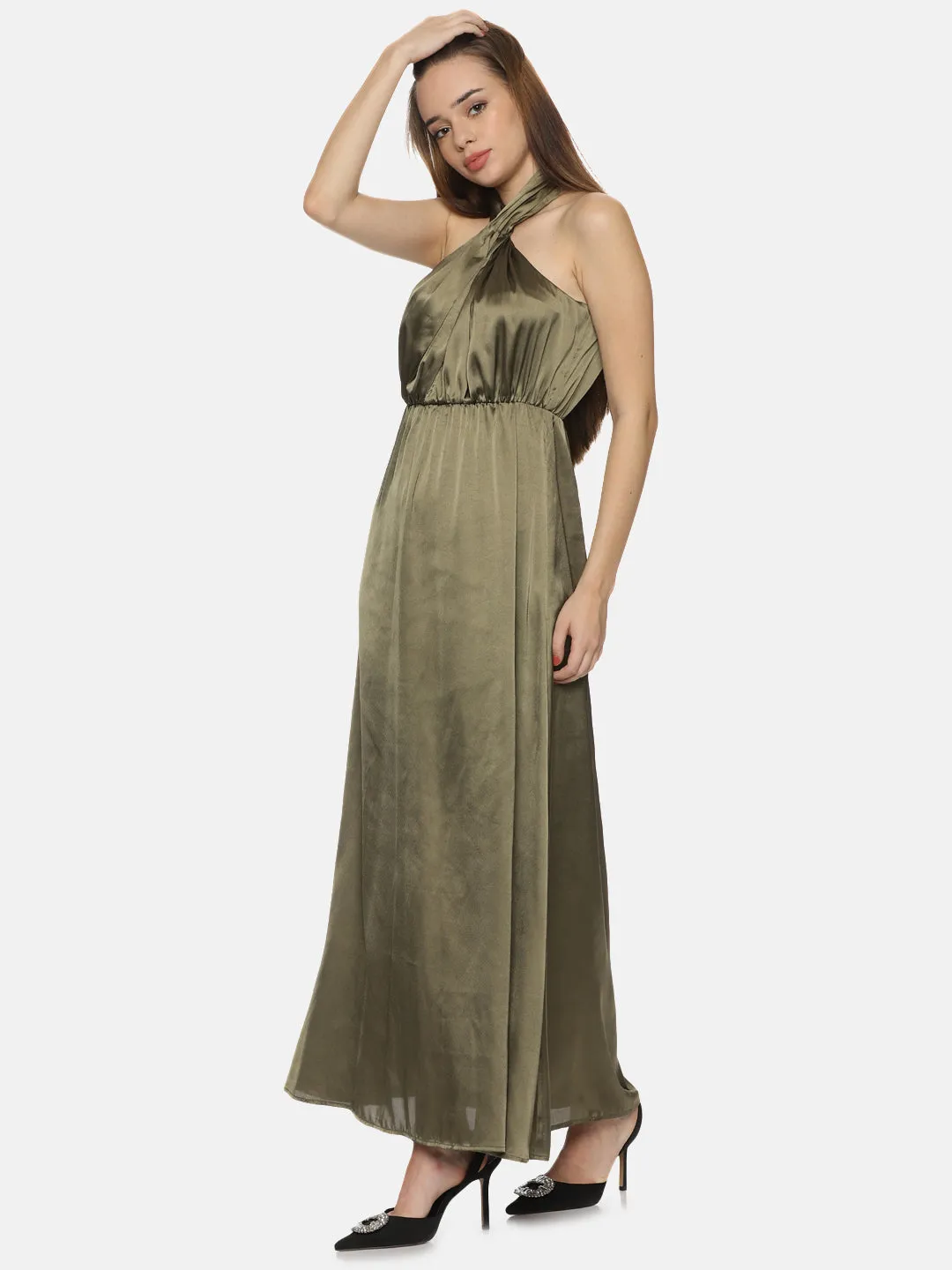 IS.U Solid Olive Halter Maxi Dress