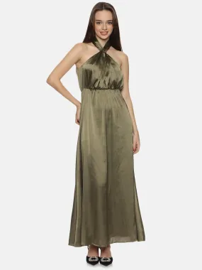 IS.U Solid Olive Halter Maxi Dress