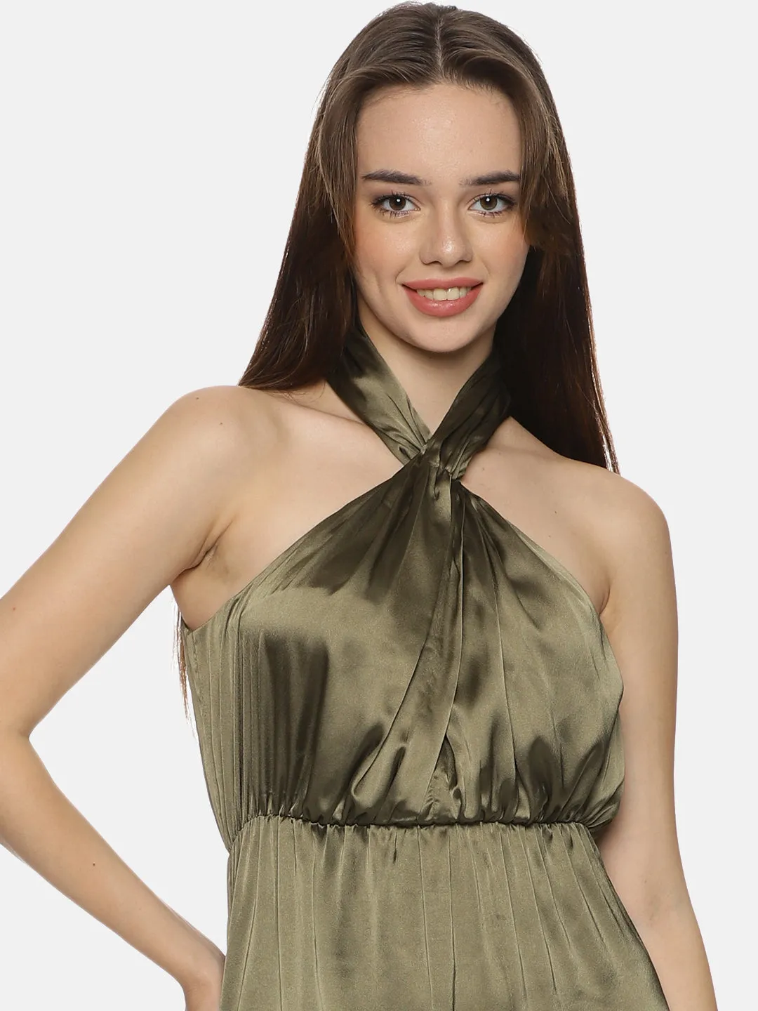 IS.U Solid Olive Halter Maxi Dress