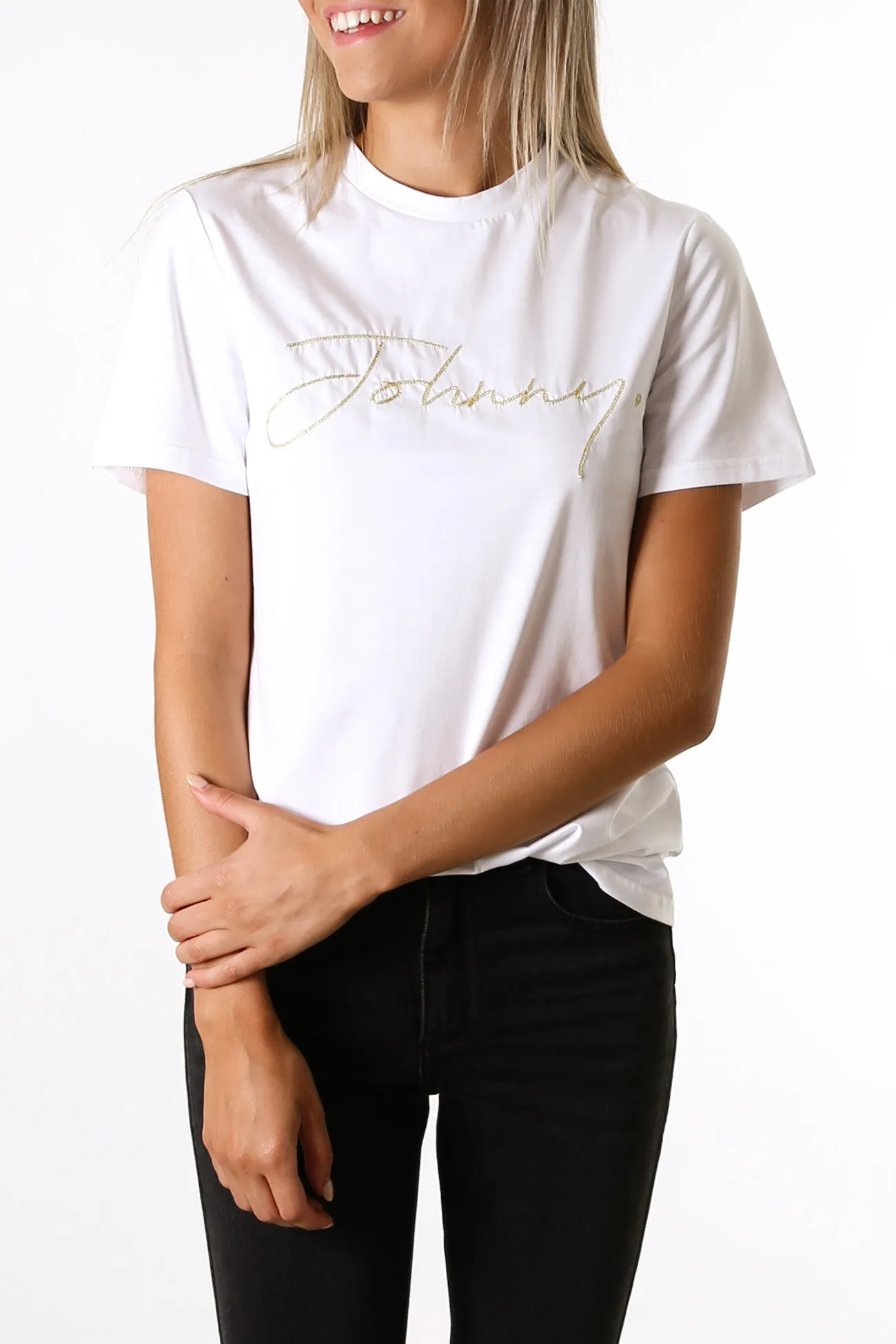 Johnny Shine Embroidery Tee White Gold