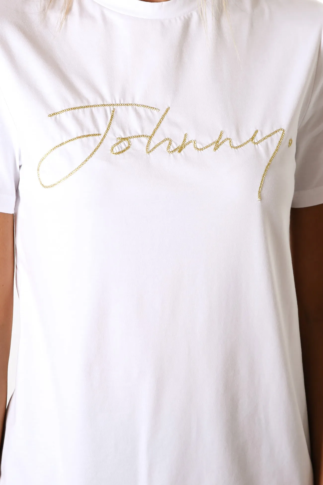 Johnny Shine Embroidery Tee White Gold