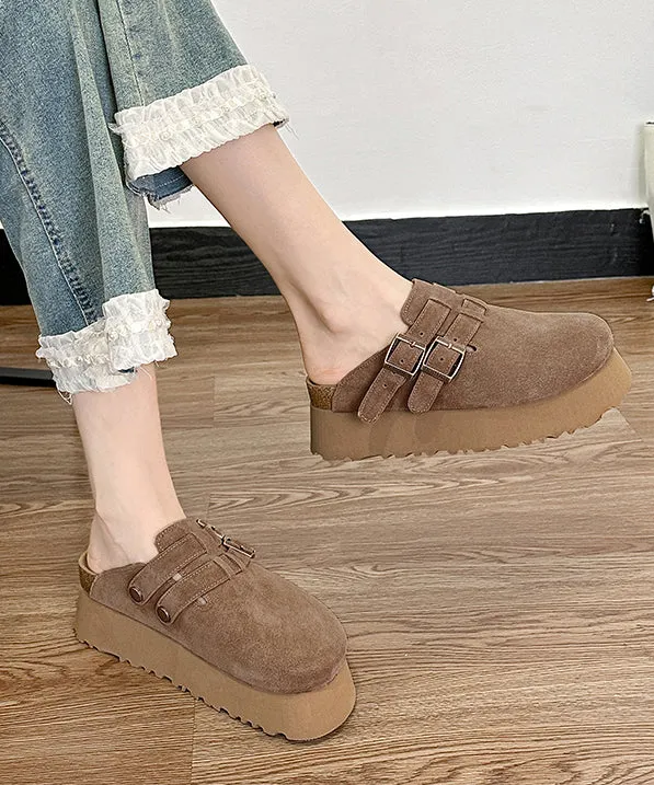 Khaki Platform Suede Handmade Splicing Slide Sandals RI015