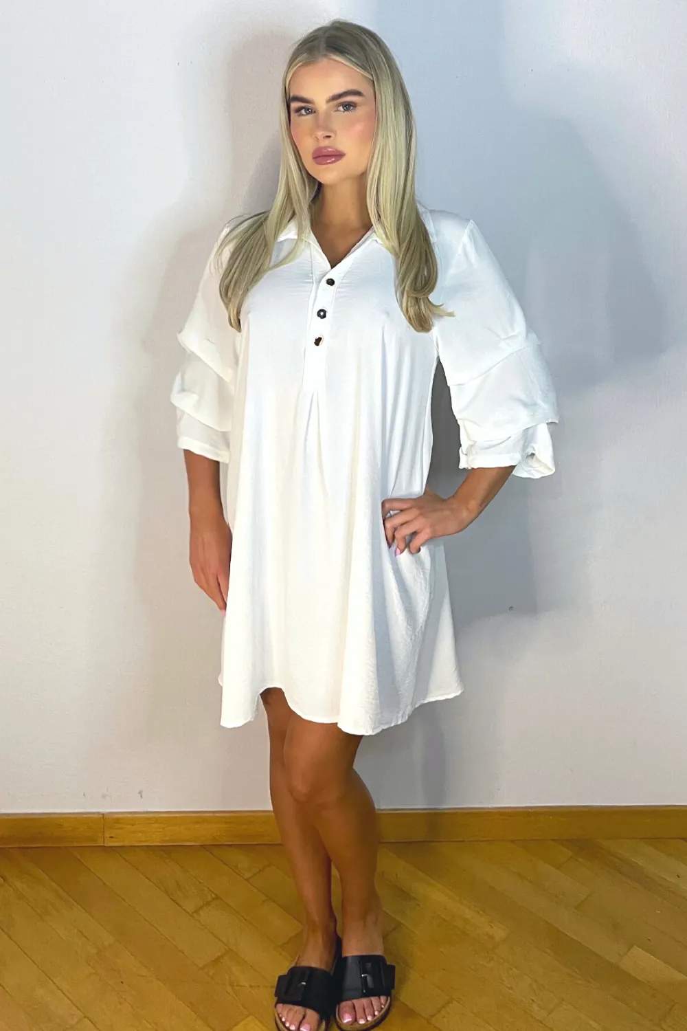 Kimmy white ruched sleeve shirt dress