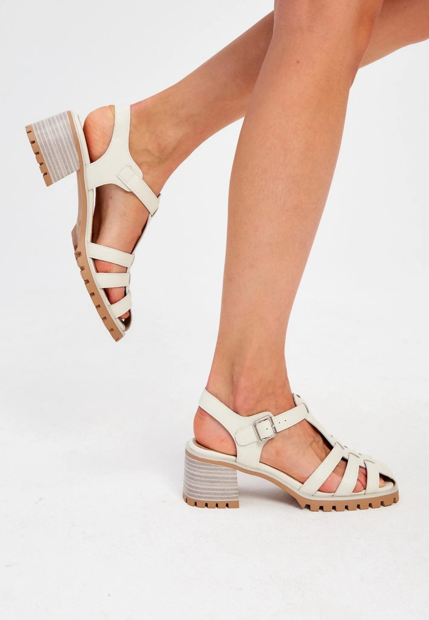 Leather Block Heels Sandals - Beige