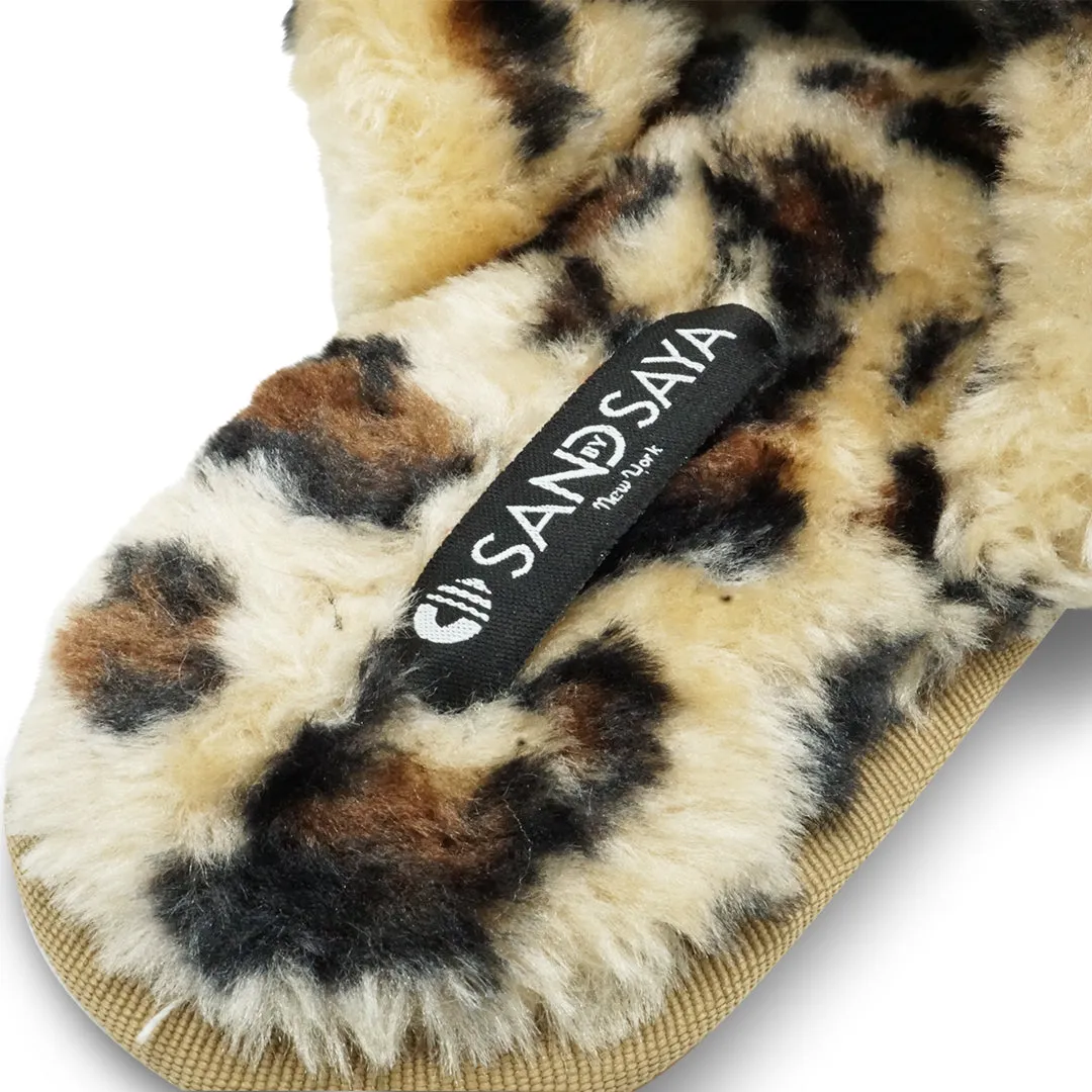 Leopard Fur Slippers - Nomad Crystal Embellished Rhine Stone Fluffy Womens Room Shoes