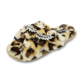 Leopard Fur Slippers - Nomad Crystal Embellished Rhine Stone Fluffy Womens Room Shoes