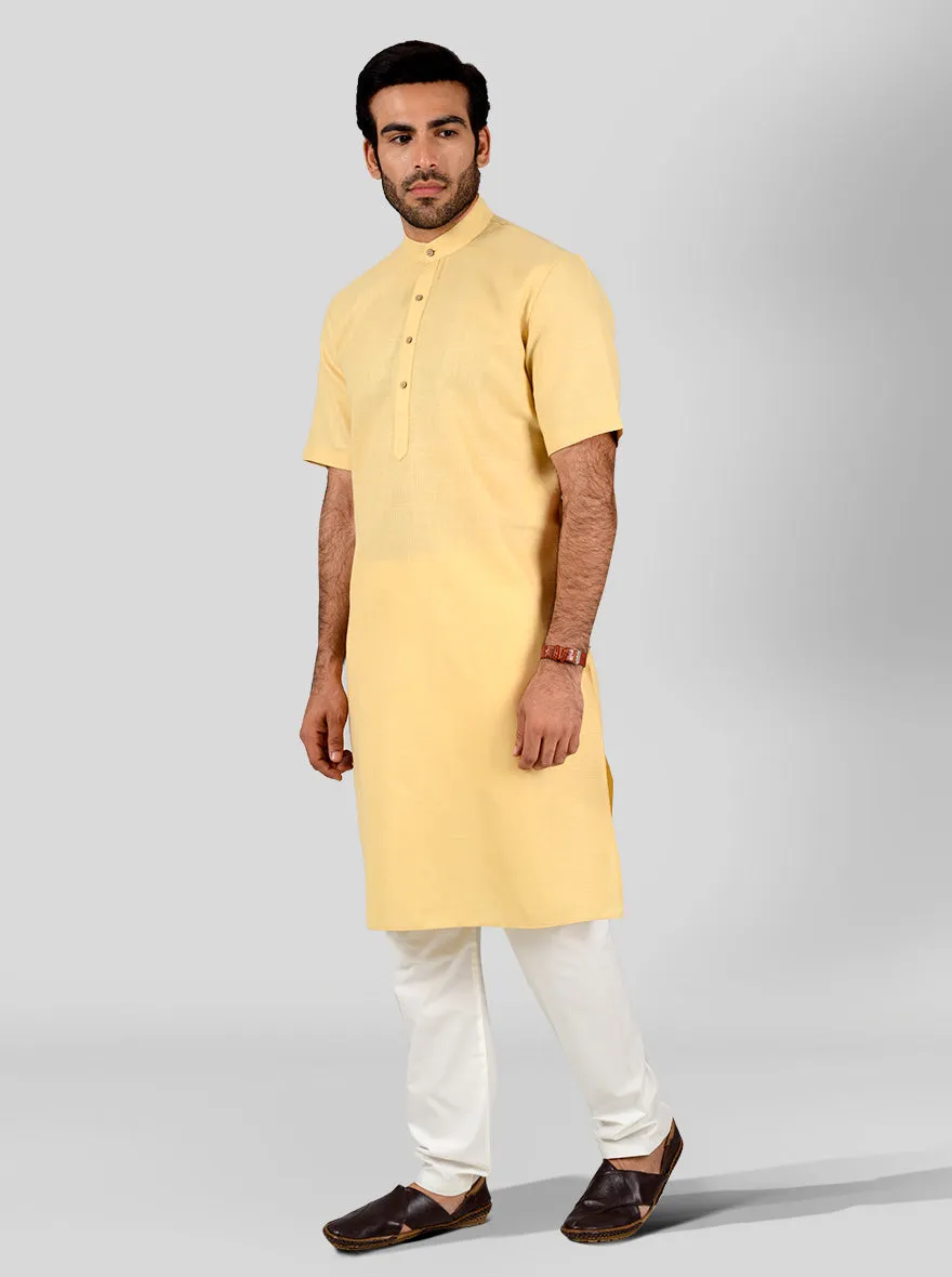 Light Yellow Self Textured Regular Fit Modi Kurta | JadeBlue