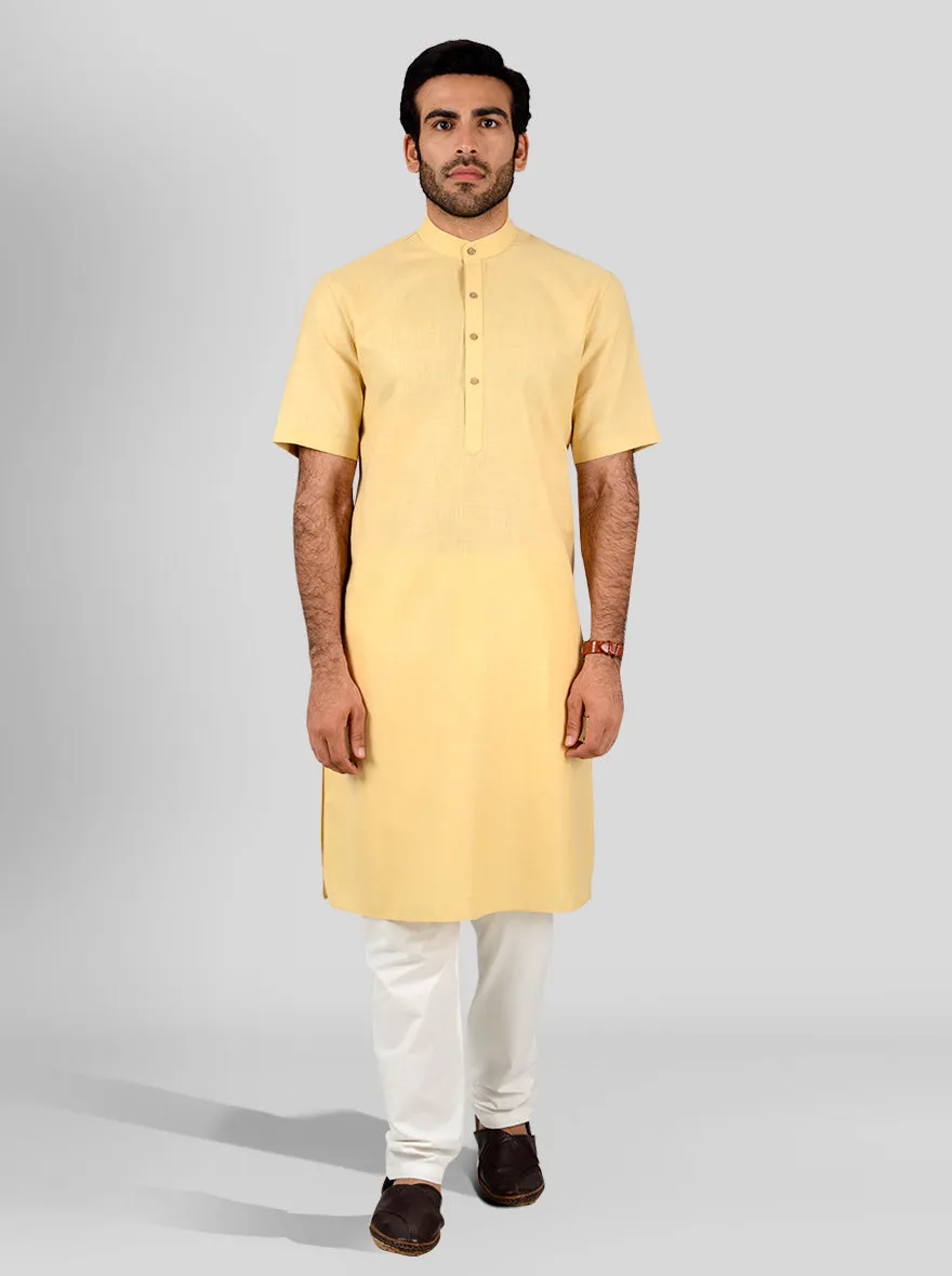 Light Yellow Self Textured Regular Fit Modi Kurta | JadeBlue